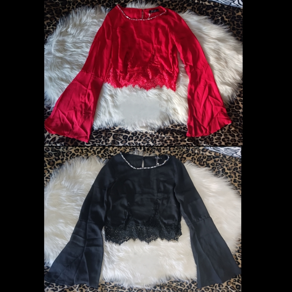 Bundle of NEW Women rhinestone bling round neck bell sleeve blouses
